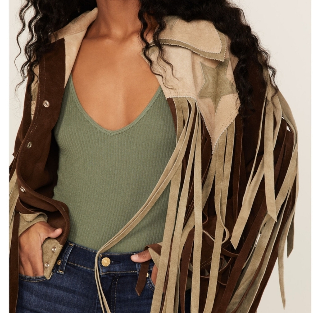 Vintage style leather fringe stars flag usa Americana jacket coat L free people - Picture 6 of 6